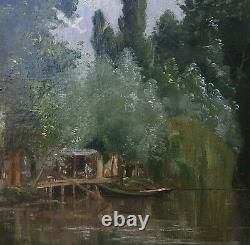 Tableau peinture paysage BERTHELON bord lac barque bois forêt français 19e