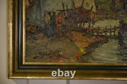 Tableau peinture sur bois impressionniste Port de pêche de Maurice Barle XXème