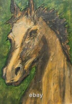 Tableau signé. 1972. Portrait Cheval. Peinture huile sur panneau de bois