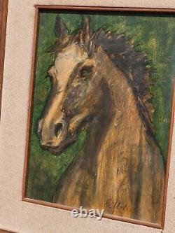 Tableau signé. 1972. Portrait Cheval. Peinture huile sur panneau de bois