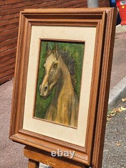 Tableau signé. 1972. Portrait Cheval. Peinture huile sur panneau de bois