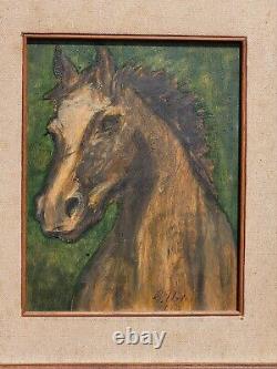 Tableau signé. 1972. Portrait Cheval. Peinture huile sur panneau de bois