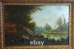 Tableau signé BOUSQUET Paysage Animé Peinture huile sur panneau de bois. 1897