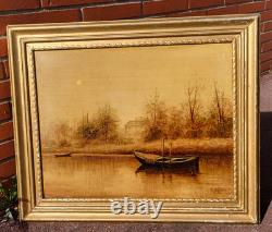 Tableau signé. Bord de Rivière. Peinture huile sur panneau de bois