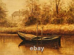 Tableau signé. Bord de Rivière. Peinture huile sur panneau de bois