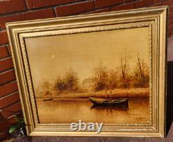 Tableau signé. Bord de Rivière. Peinture huile sur panneau de bois