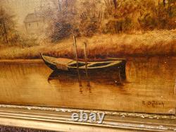 Tableau signé. Bord de Rivière. Peinture huile sur panneau de bois