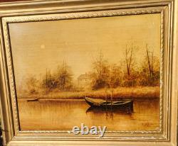 Tableau signé. Bord de Rivière. Peinture huile sur panneau de bois