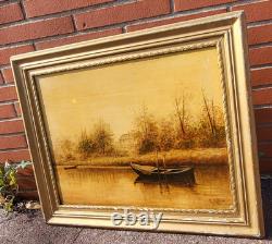 Tableau signé. Bord de Rivière. Peinture huile sur panneau de bois