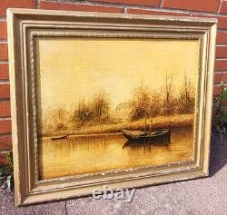 Tableau signé. Bord de Rivière. Peinture huile sur panneau de bois