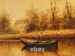 Tableau signé. Bord de Rivière. Peinture huile sur panneau de bois