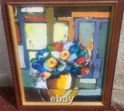 Tableau signé Bouquet de Fleurs. Peinture huile sur panneau de bois