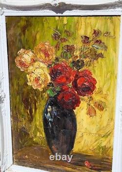 Tableau signé. Bouquet de Fleurs. Peinture huile sur panneau de bois