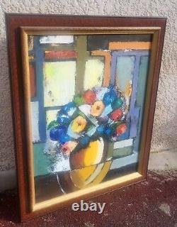 Tableau signé Bouquet de Fleurs. Peinture huile sur panneau de bois