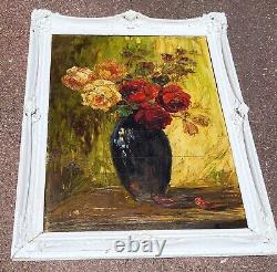 Tableau signé. Bouquet de Fleurs. Peinture huile sur panneau de bois