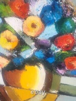 Tableau signé Bouquet de Fleurs. Peinture huile sur panneau de bois