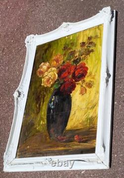 Tableau signé. Bouquet de Fleurs. Peinture huile sur panneau de bois