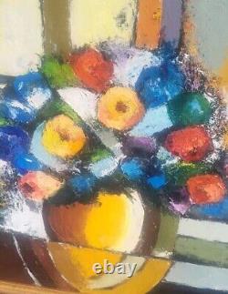 Tableau signé Bouquet de Fleurs. Peinture huile sur panneau de bois