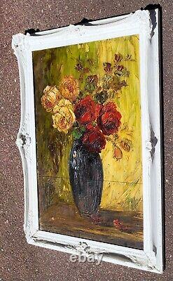 Tableau signé. Bouquet de Fleurs. Peinture huile sur panneau de bois