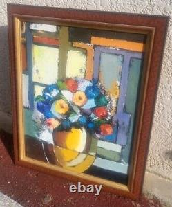 Tableau signé Bouquet de Fleurs. Peinture huile sur panneau de bois
