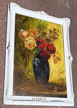 Tableau signé. Bouquet de Fleurs. Peinture huile sur panneau de bois
