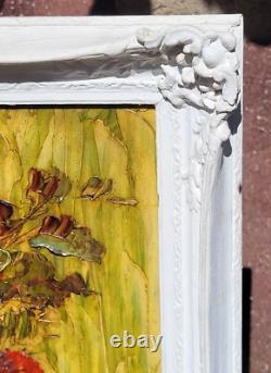 Tableau signé. Bouquet de Fleurs. Peinture huile sur panneau de bois