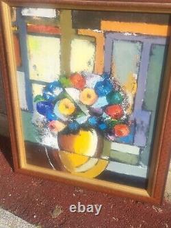 Tableau signé Bouquet de Fleurs. Peinture huile sur panneau de bois