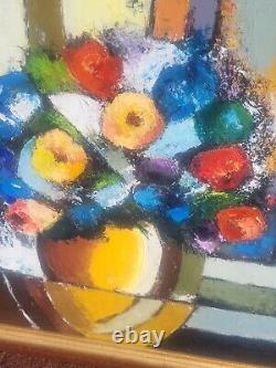 Tableau signé Bouquet de Fleurs. Peinture huile sur panneau de bois