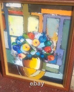 Tableau signé Bouquet de Fleurs. Peinture huile sur panneau de bois