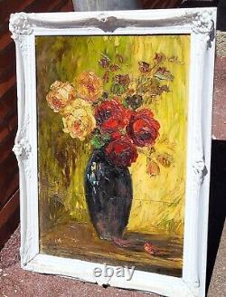 Tableau signé. Bouquet de Fleurs. Peinture huile sur panneau de bois