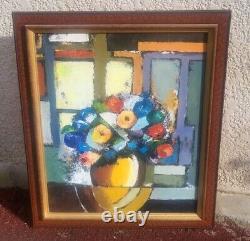 Tableau signé Bouquet de Fleurs. Peinture huile sur panneau de bois