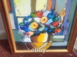 Tableau signé Bouquet de Fleurs. Peinture huile sur panneau de bois