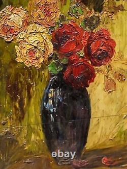 Tableau signé. Bouquet de Fleurs. Peinture huile sur panneau de bois