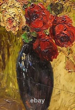 Tableau signé. Bouquet de Fleurs. Peinture huile sur panneau de bois