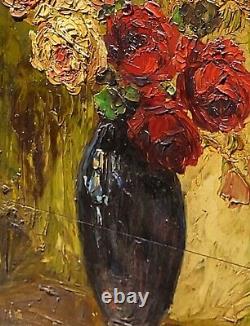 Tableau signé. Bouquet de Fleurs. Peinture huile sur panneau de bois