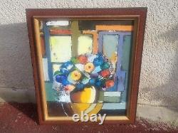 Tableau signé Bouquet de Fleurs. Peinture huile sur panneau de bois