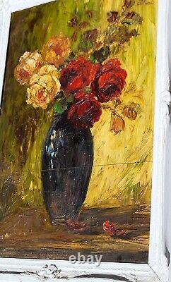 Tableau signé. Bouquet de Fleurs. Peinture huile sur panneau de bois