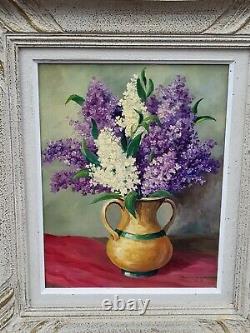 Tableau signé Datée. Bouquet De Lilas. Peinture huile sur panneau de Bois