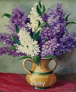 Tableau signé Datée. Bouquet De Lilas. Peinture huile sur panneau de Bois