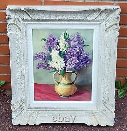Tableau signé Datée. Bouquet De Lilas. Peinture huile sur panneau de Bois