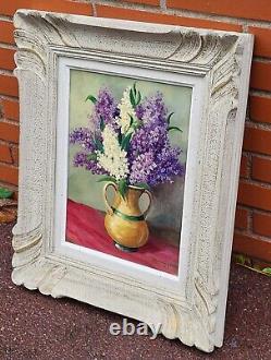 Tableau signé Datée. Bouquet De Lilas. Peinture huile sur panneau de Bois