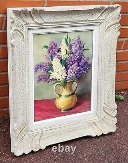 Tableau signé Datée. Bouquet De Lilas. Peinture huile sur panneau de Bois