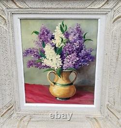 Tableau signé Datée. Bouquet De Lilas. Peinture huile sur panneau de Bois