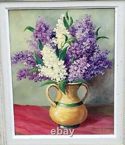 Tableau signé Datée. Bouquet De Lilas. Peinture huile sur panneau de Bois