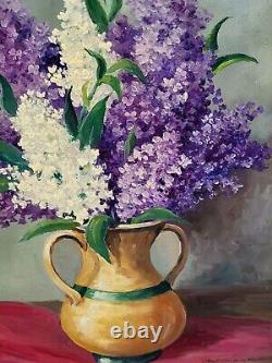 Tableau signé Datée. Bouquet De Lilas. Peinture huile sur panneau de Bois