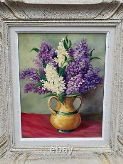 Tableau signé Datée. Bouquet De Lilas. Peinture huile sur panneau de Bois