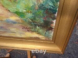 Tableau signé J CAVAILLE. Paysage Sous Bois. Peinture huile sur toile