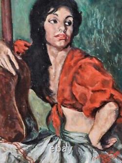Tableau signé. La Gitane à la Guitare. Peinture huile sur panneau de bois