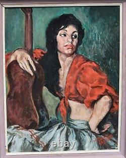 Tableau signé. La Gitane à la Guitare. Peinture huile sur panneau de bois
