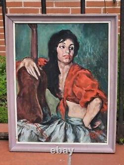 Tableau signé. La Gitane à la Guitare. Peinture huile sur panneau de bois